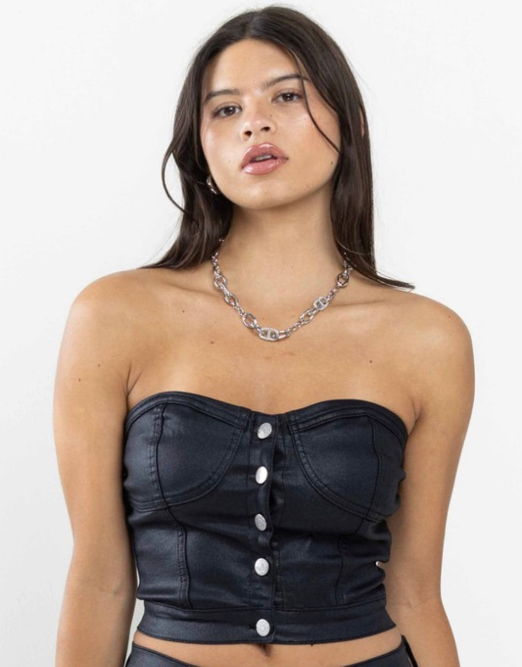 Black Faux Leather Strapless Top