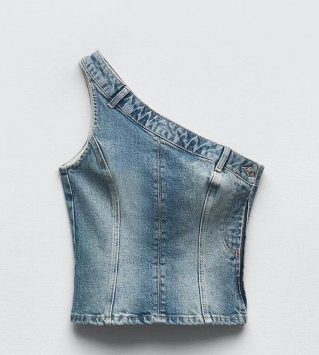 One Shoulder Denim Tank Top