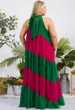 Load image into Gallery viewer, Emerald &amp; Burgundy Colorblock Halter Maxi Dress (PLUS)
