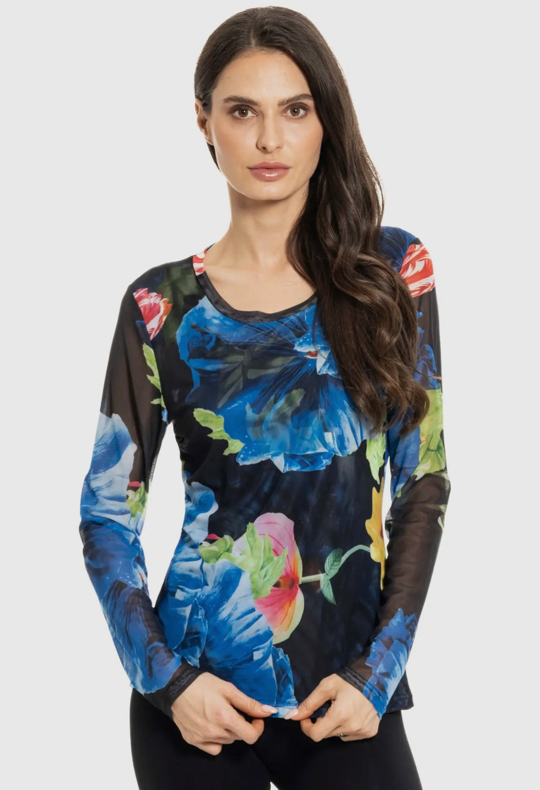 Black Flower Mesh Sleeve Top