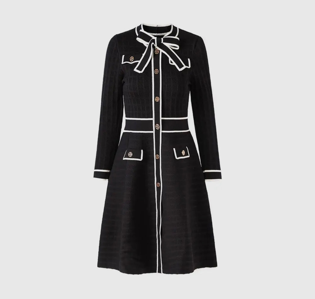VIENNA CHARM Classic Contrast Trim Knit Dress | Black & White Bow Detail
