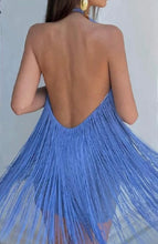 Load image into Gallery viewer, Blue Halter Fringe Mini Dress
