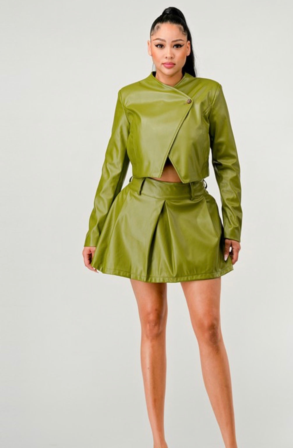 Olive Faux Leather Skirt Set