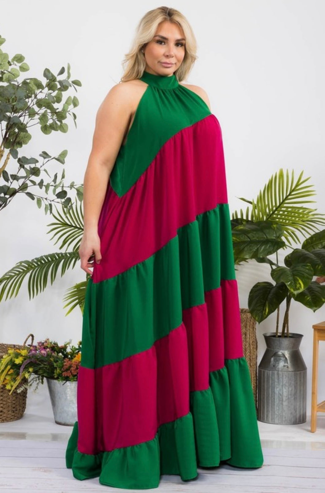 Emerald & Burgundy Colorblock Halter Maxi Dress (PLUS)