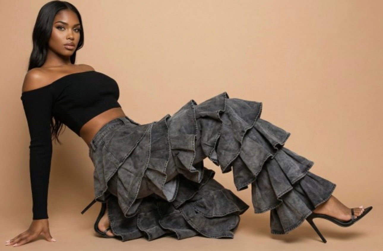 Charcoal Cascade Ruffle Pants