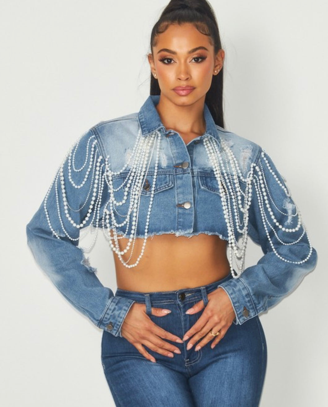 Dripping Pearl Denim Crop Jacket