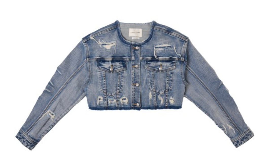 Pleated Denim Crop Trucker Jacket