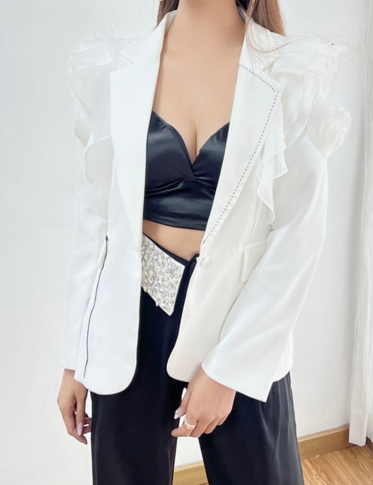 White Ruffle Sleeve Blazer