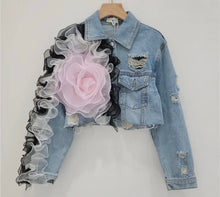 Load image into Gallery viewer, Denim Distressed Cropped Tulle Accent Jacket
