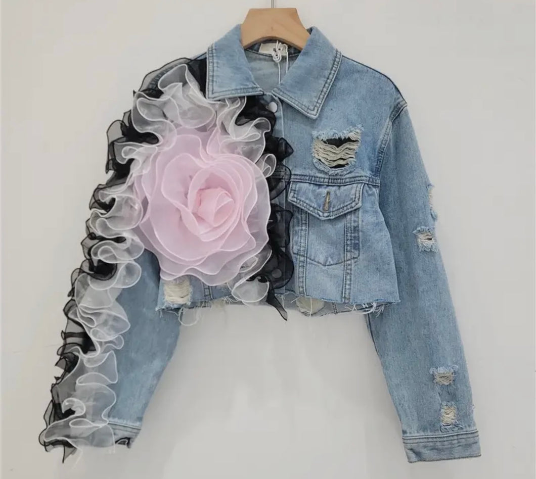 Denim Distressed Cropped Tulle Accent Jacket