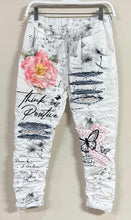 Load image into Gallery viewer, White Graphic Butterflies &amp; Flowers Crinkle Joggers
