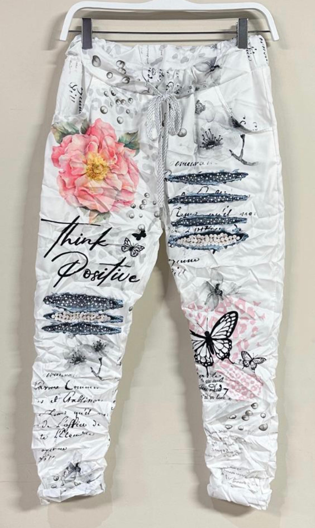 White Graphic Butterflies & Flowers Crinkle Joggers