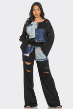 Load image into Gallery viewer, “Dawn” Distressed Black Sweat Set with Denim Patches
