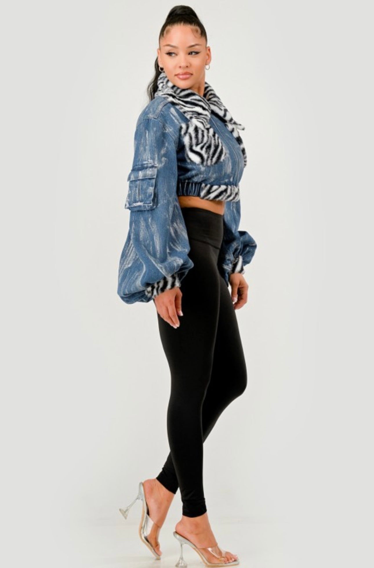 Zebra Trim Cropped Denim Jacket