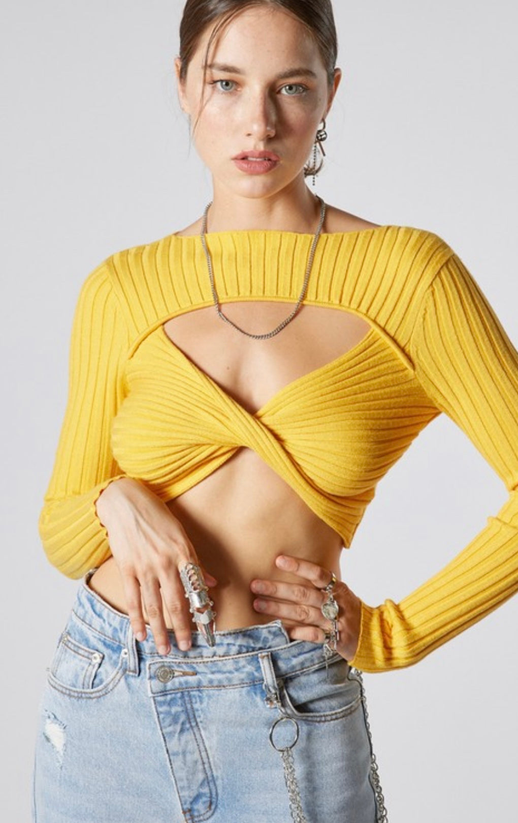 Yellow Front Twisted Knit Top