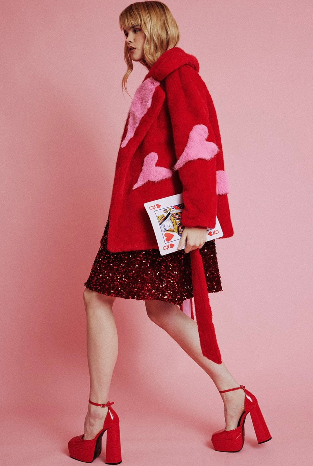 Red & Pink Bamboo Faux Fur Coat