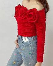 Load image into Gallery viewer, Red Off the Shoulder Rosette Top
