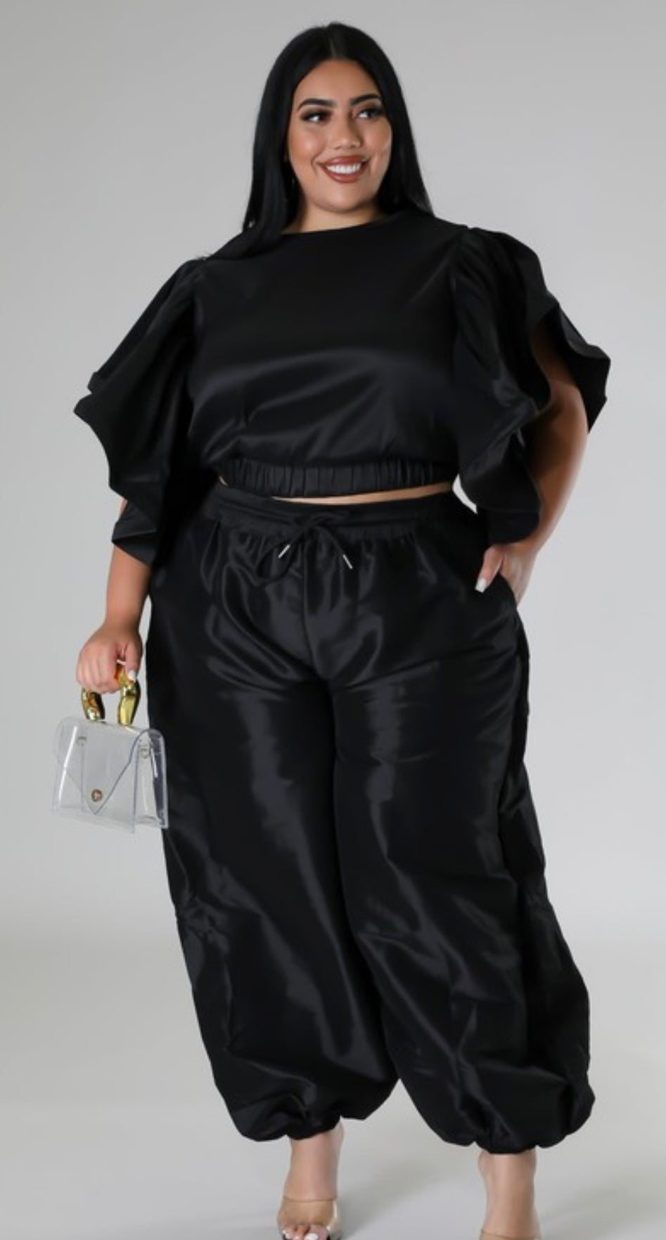 Black Ruffle Pants Set (PLUS)