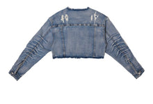 Load image into Gallery viewer, Pleated Denim Crop Trucker Jacket
