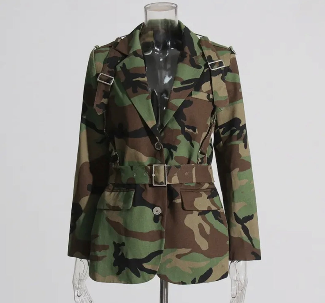 Camouflage Belted Military Blazer