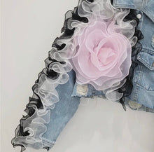 Load image into Gallery viewer, Denim Distressed Cropped Tulle Accent Jacket
