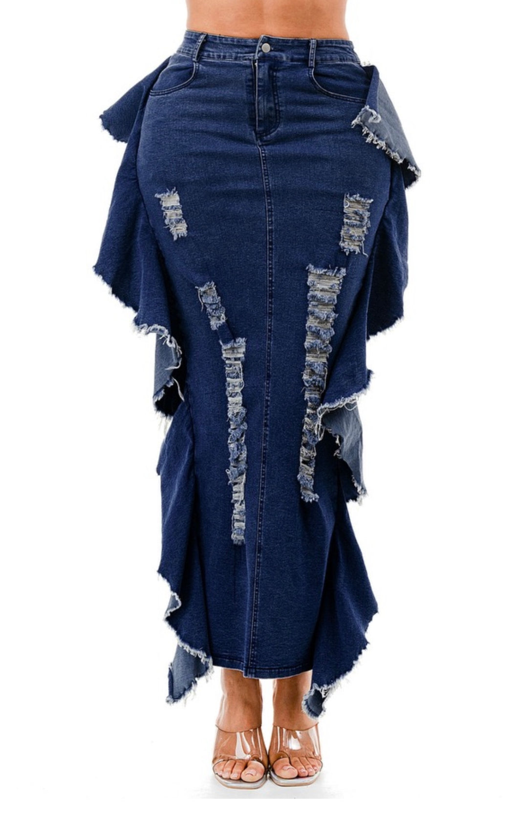 Dark Blue Denim Fringe Distressed Maxi Skirt (PLUS)
