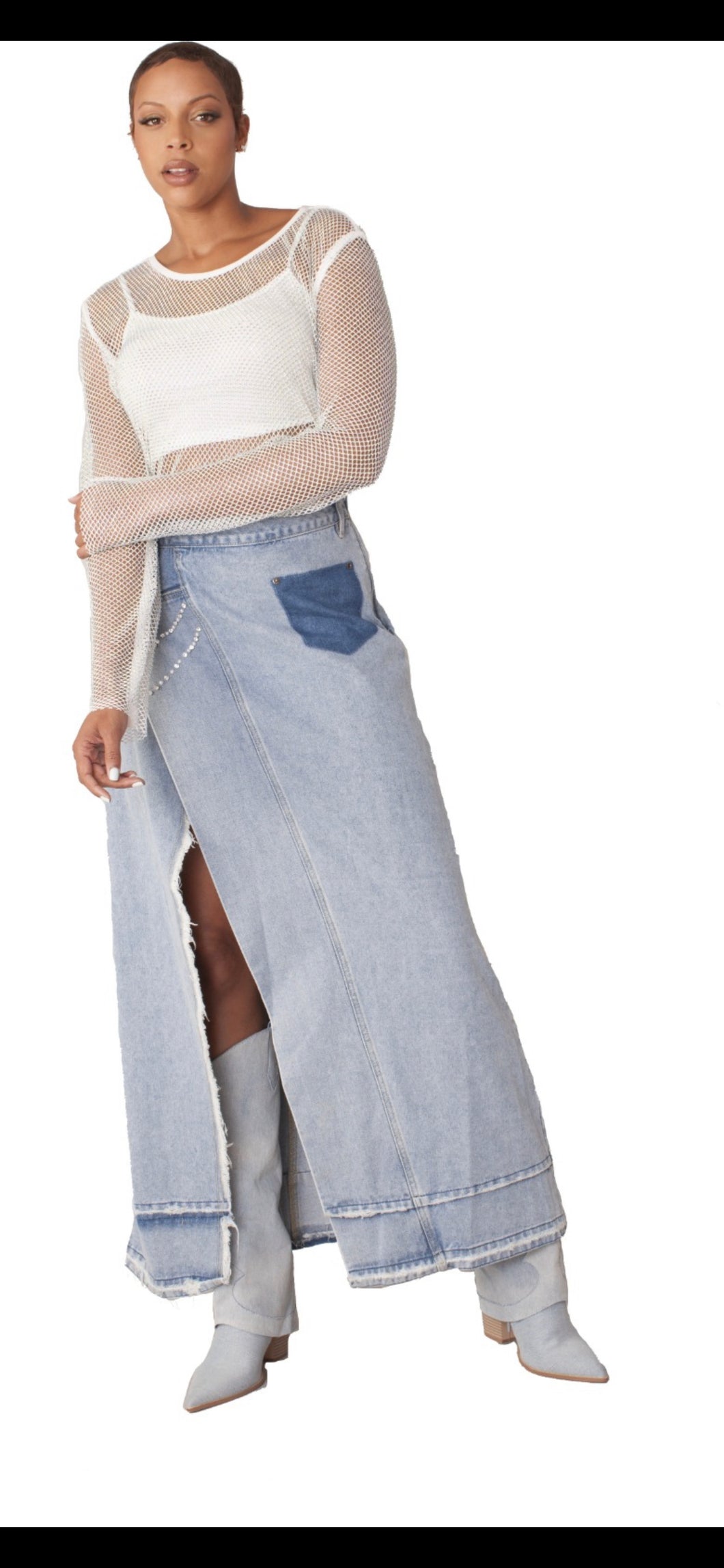 Denim Slit Wrap Skirt (S-XL)