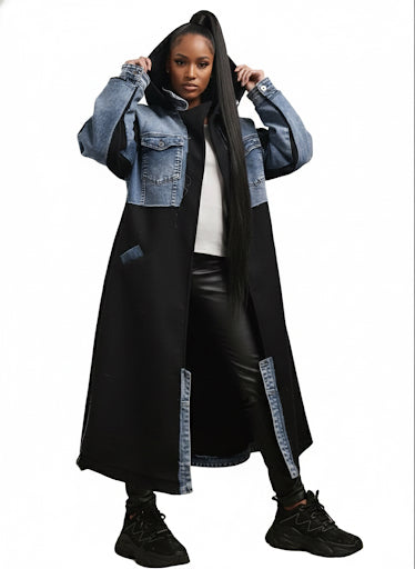 Black Denim Hooded Maxi Coat