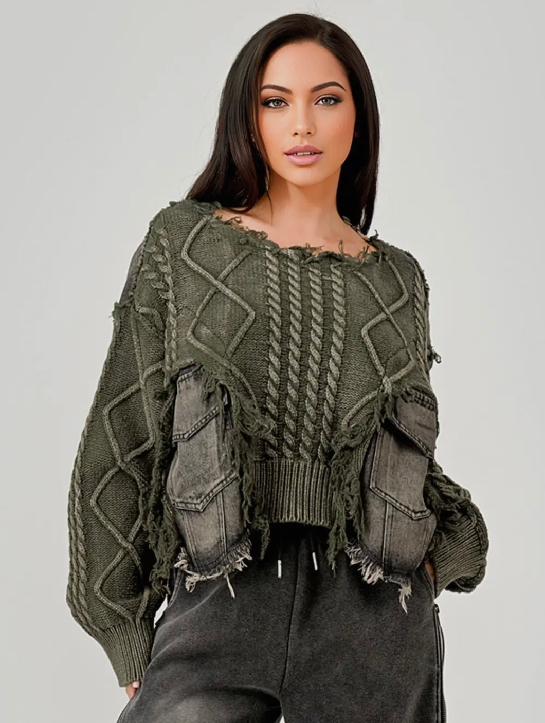 Green Vintage Washed Denim Distressed Sweater