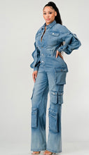 Load image into Gallery viewer, Denim Cargo Ruffle Sleeve Jumpsuit
