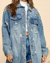 Load image into Gallery viewer, Long Denim Pearl &amp; Rhinestone Trench
