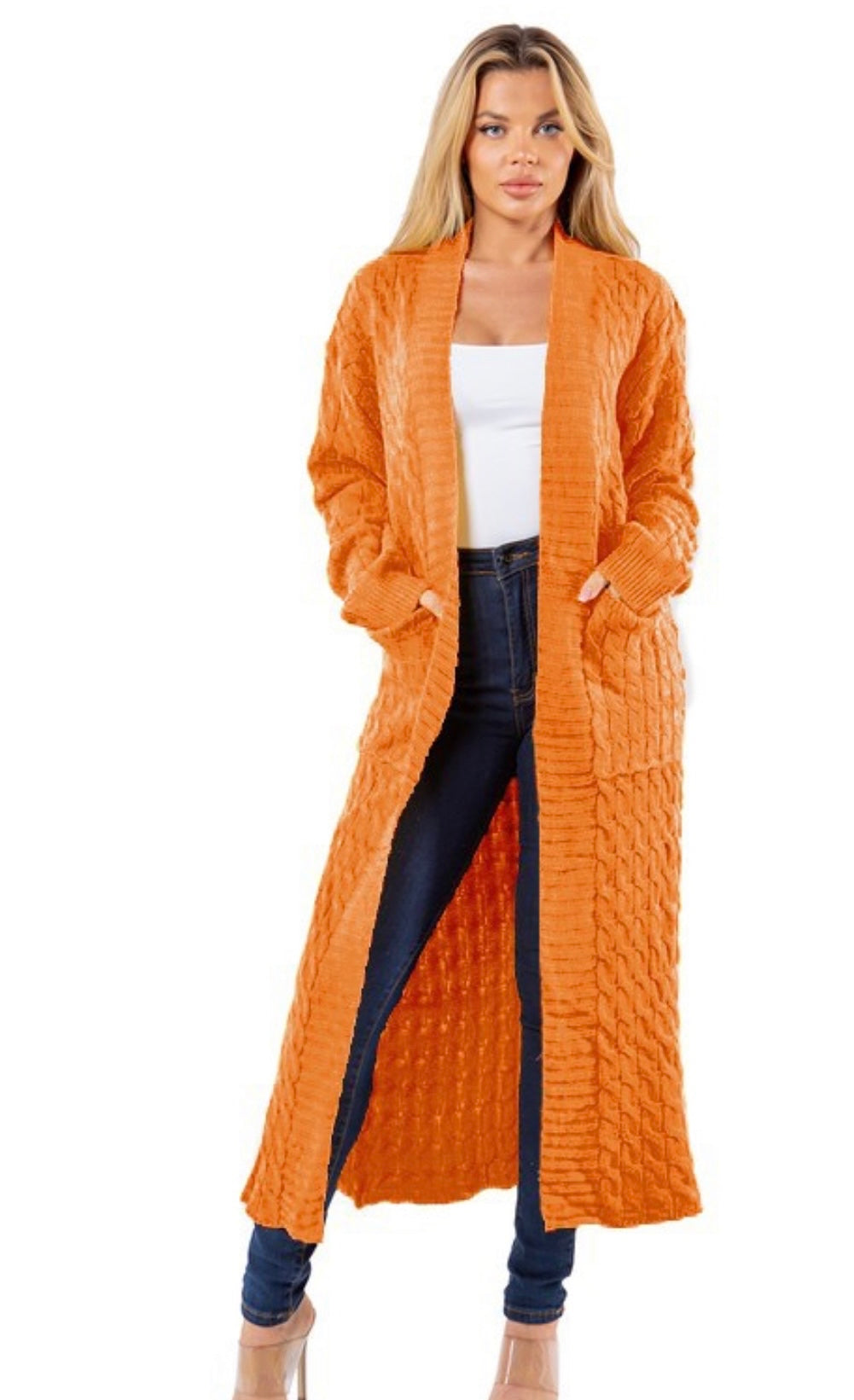 Cable Knit Maxi Cardigan (Orange/Red)