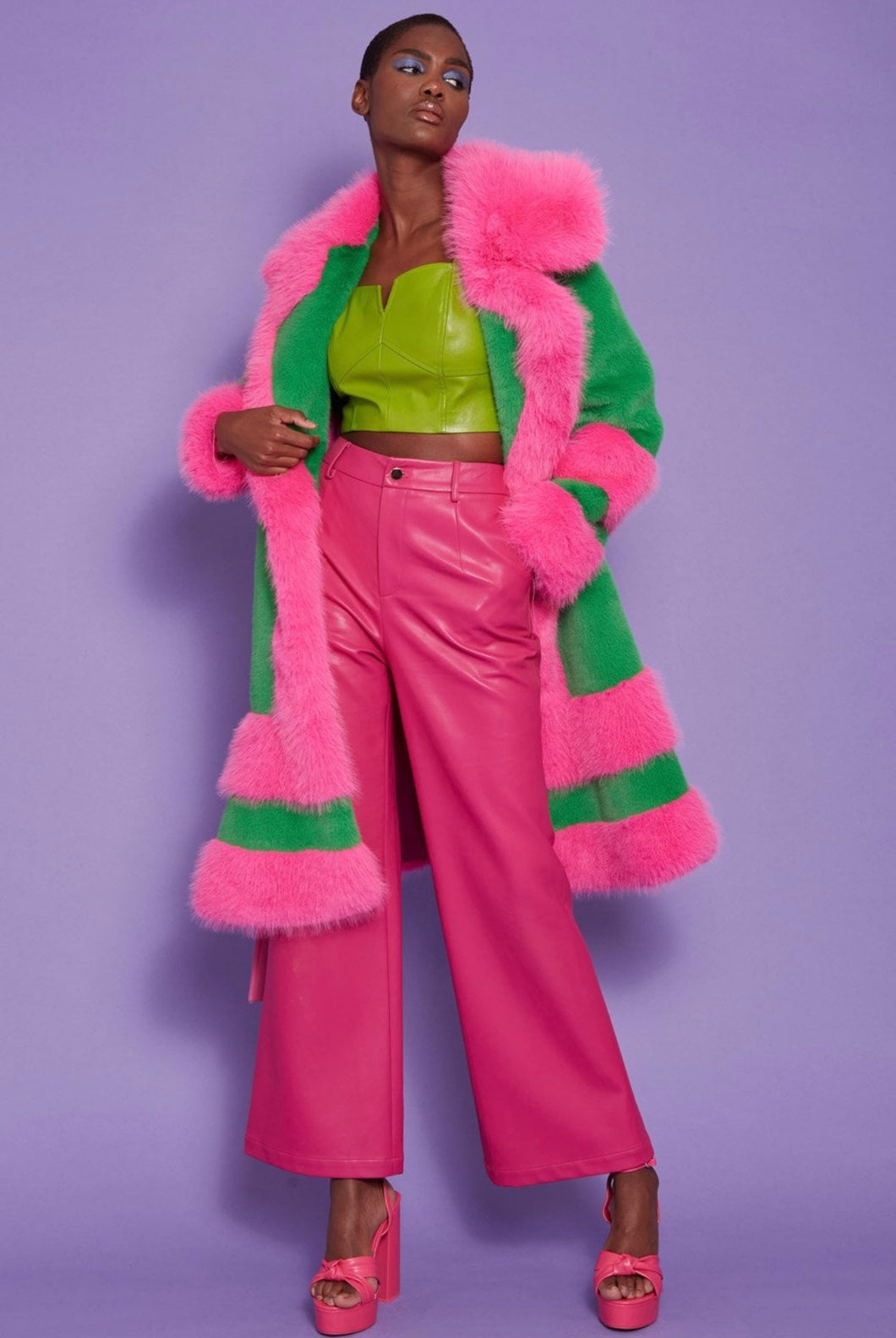 Pink & Green Bamboo Faux Fur Coat