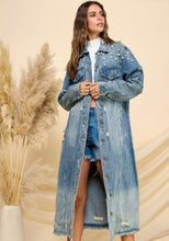 Load image into Gallery viewer, Long Denim Pearl &amp; Rhinestone Trench
