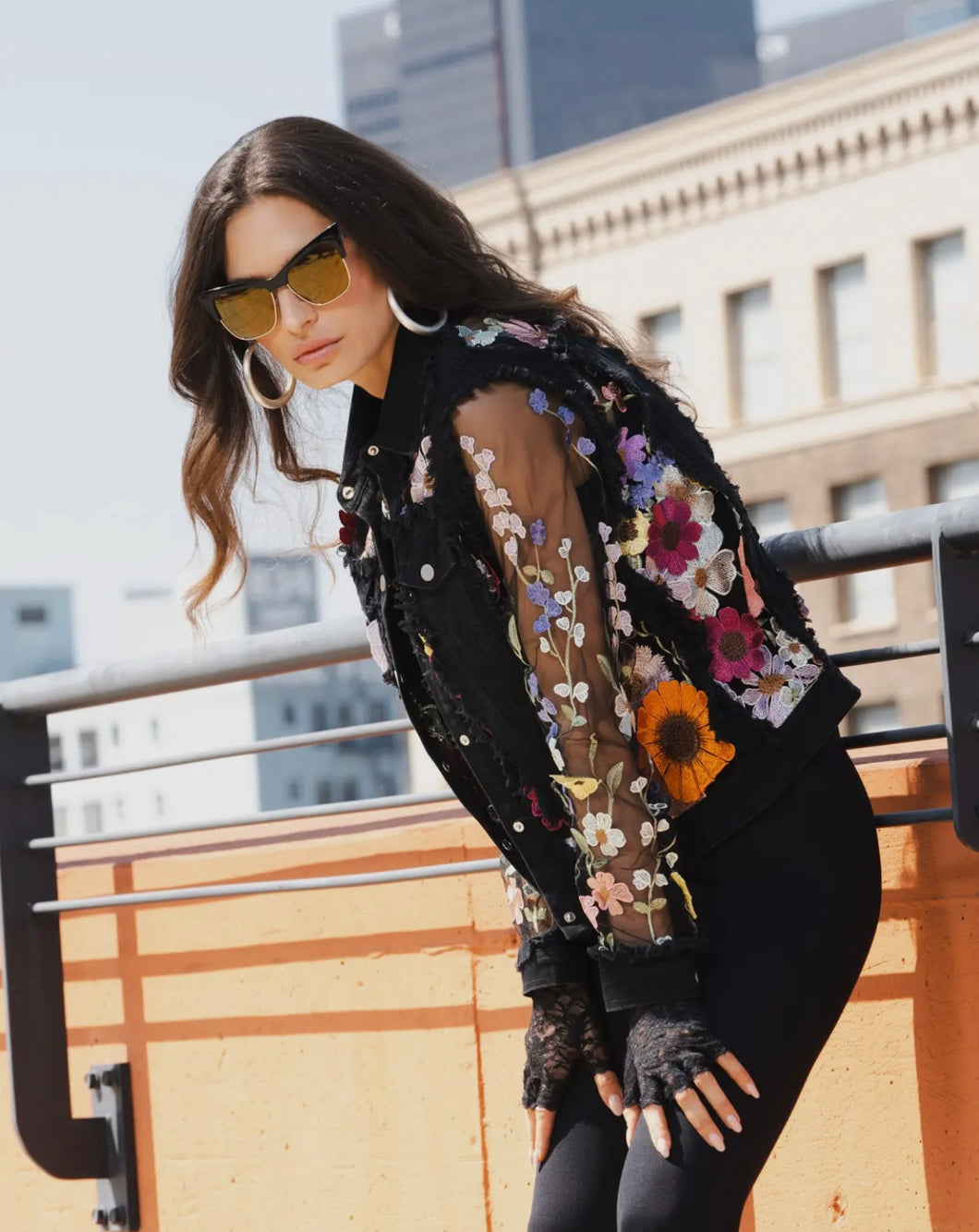 Black Denim Floral Jacket