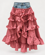 Load image into Gallery viewer, Denim Gingham Tiered Ruffle Maxi Skirt

