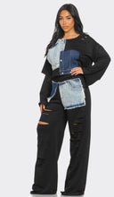 Load image into Gallery viewer, “Dawn” Distressed Black Sweat Set with Denim Patches
