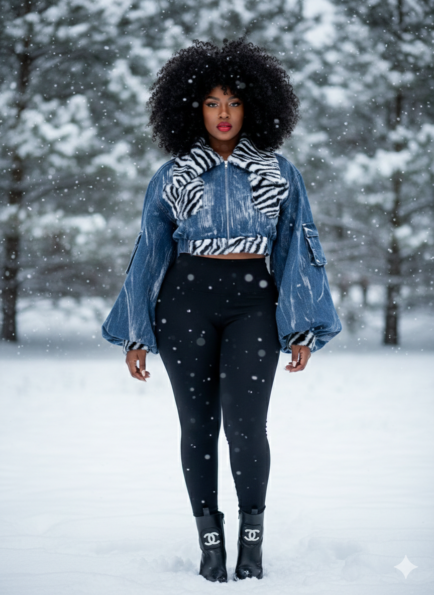 Zebra Trim Cropped Denim Jacket