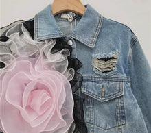 Load image into Gallery viewer, Denim Distressed Cropped Tulle Accent Jacket
