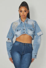 Load image into Gallery viewer, Denim Rhinestone Cropped Jacket
