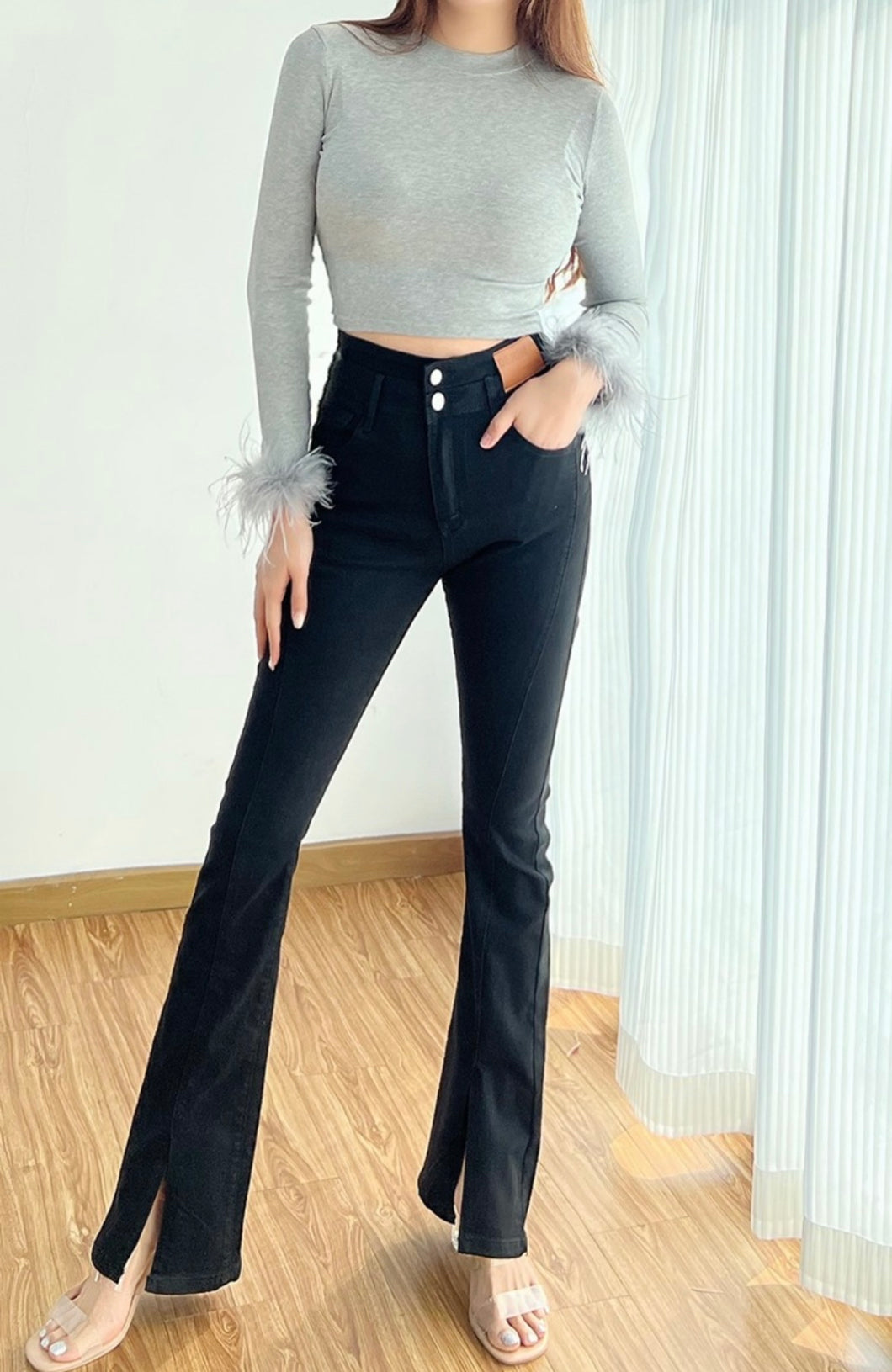 Grey Cropped Feather Top