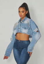 Load image into Gallery viewer, Denim Rhinestone Cropped Jacket
