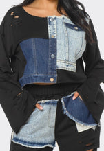 Load image into Gallery viewer, “Dawn” Distressed Black Sweat Set with Denim Patches
