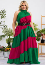 Load image into Gallery viewer, Emerald &amp; Burgundy Colorblock Halter Maxi Dress (PLUS)
