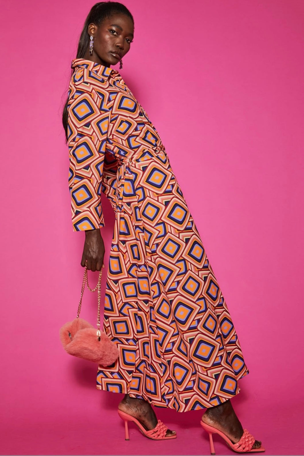 Silk Blend Geometric Print Maxi Shirt Dress