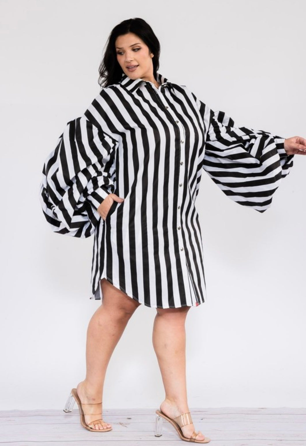 Black & White Stripe Shirt Dress (PLUS)