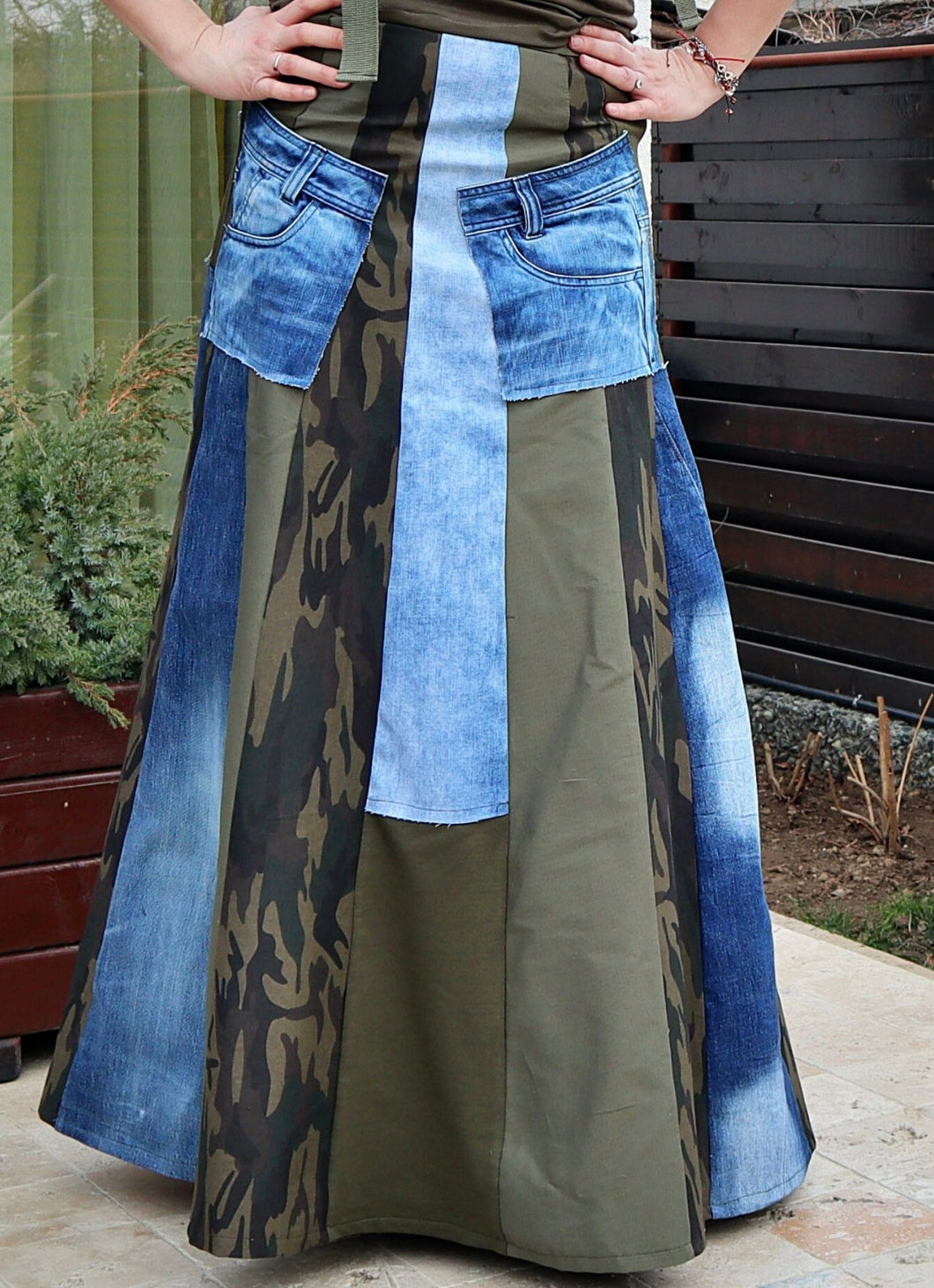 Camouflage & Denim Maxi Skirt