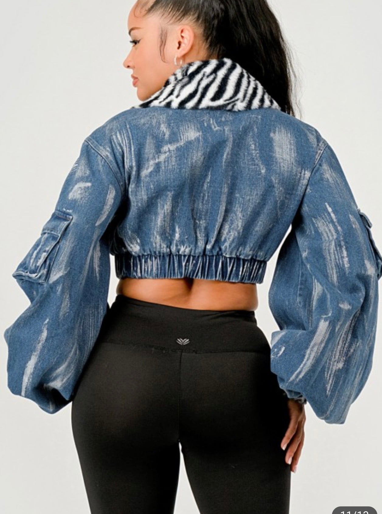 Zebra Trim Cropped Denim Jacket