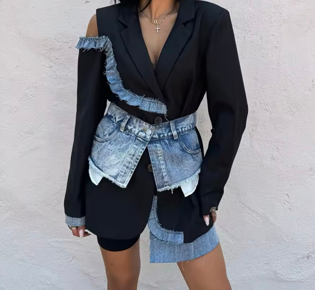 Black & Denim Asymmetric Blazer