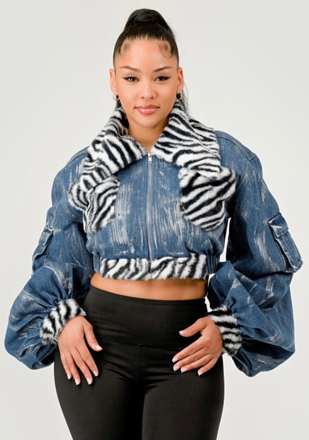 Zebra Trim Cropped Denim Jacket
